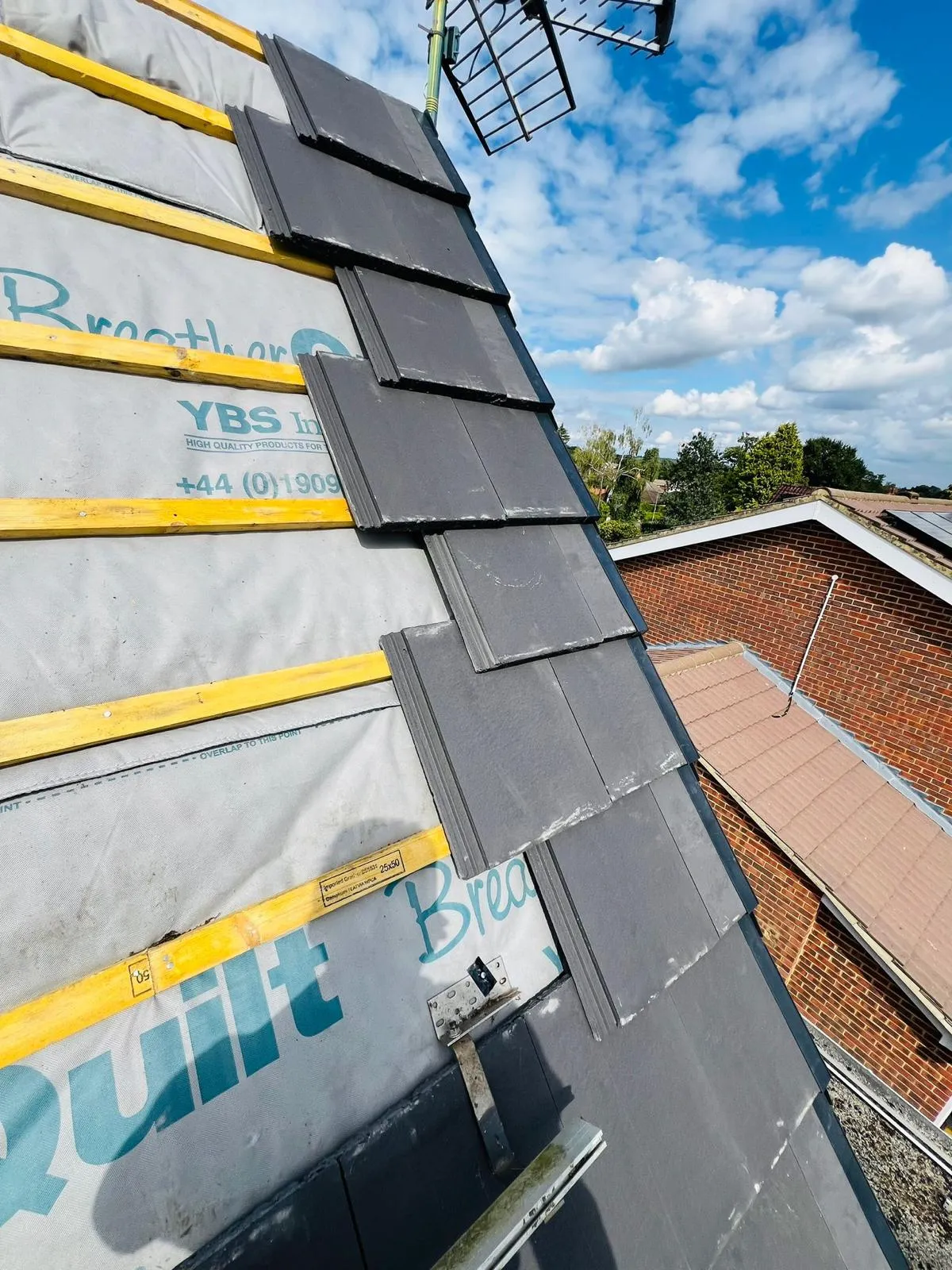 A view of the roof of a building under construction.
